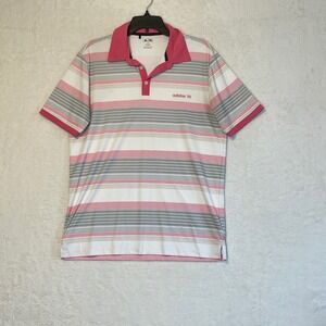 Adidas Golf Polo Shirt Men's Medium Pink Gray White Stripe Short Sleeve Athletic
